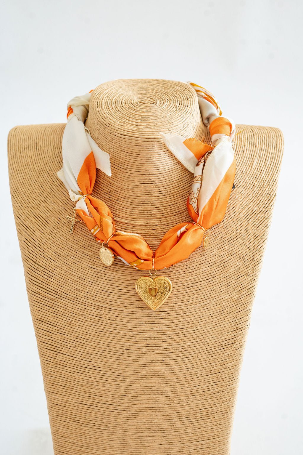 Leigh - Orange Locket Heart -  Scarf Necklace
