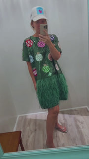 Green Feather dress- missing sequin check video- final sale