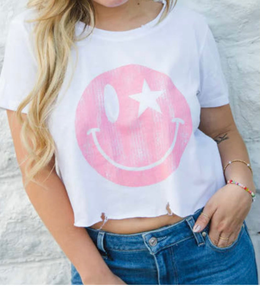 Star Smiley Distressed Crop Tee